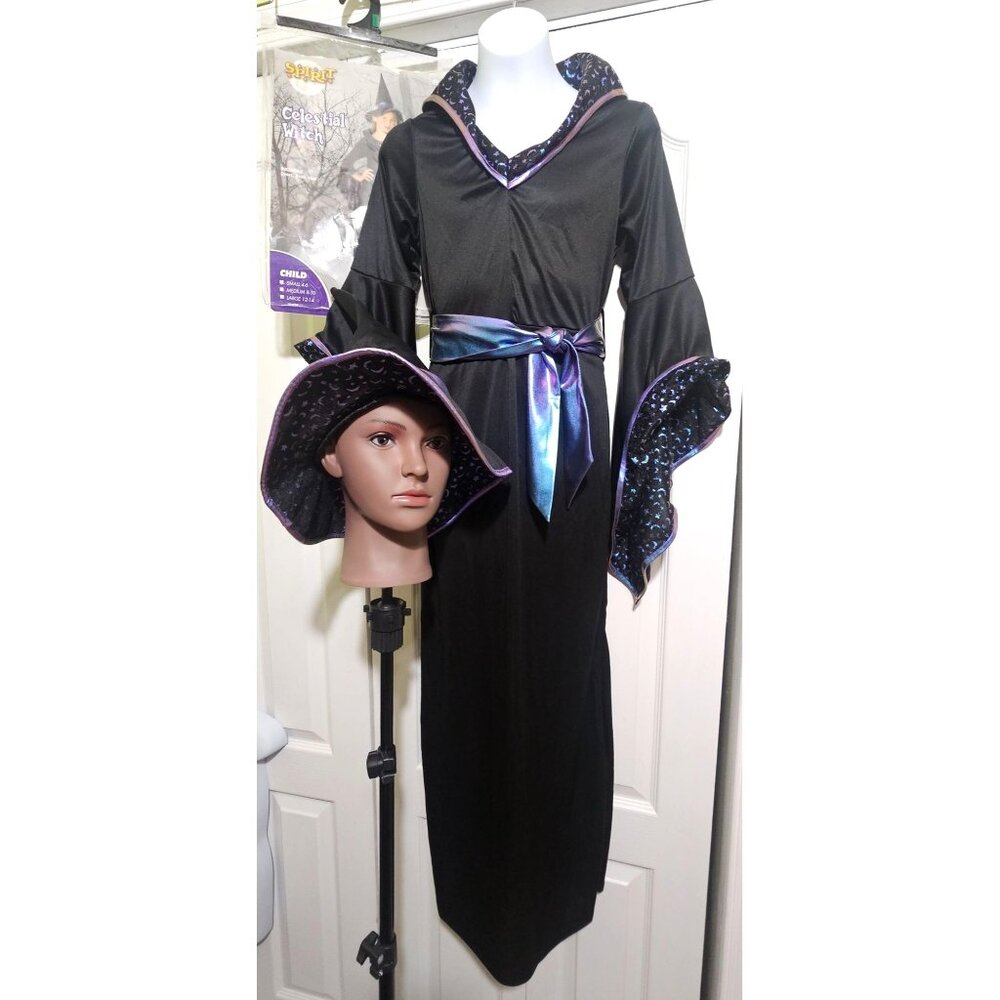 Spirit Halloween Celestial Witch Costume Girls 12-14 Hat Dress Iridescent Purple